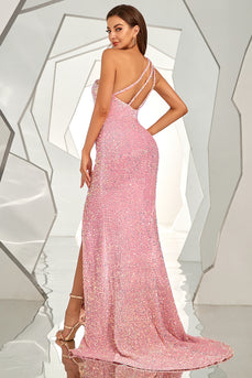 Blush One Shoulder Sequined Mermaid Prom Dress