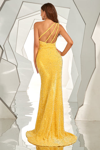 Yellow One Shoulder Sequined Mermaid Prom Dress