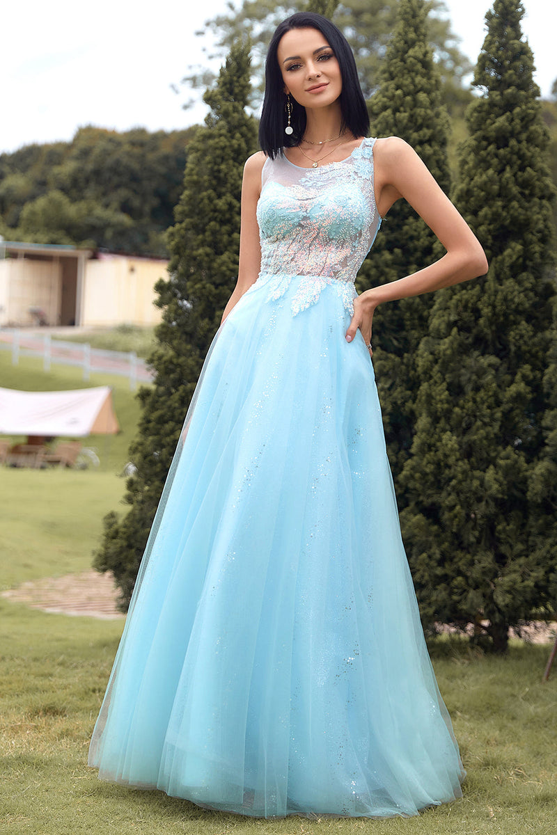 Load image into Gallery viewer, Blue Beading Tulle Prom Dress