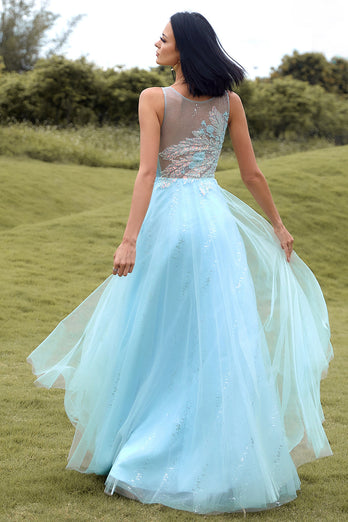 Blue Beading Tulle Prom Dress