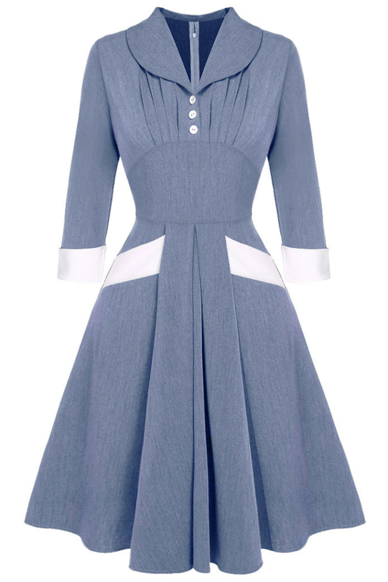 Load image into Gallery viewer, Grey Blue 1950s Swing Dress with Long Sleeves