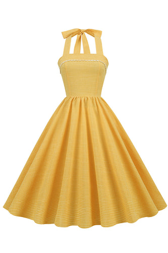 Yellow Halter Plaid Vintage 1950s Dress