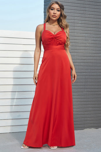 A Line Spaghetti Straps Red Long Prom Dress with Criss Cross Back