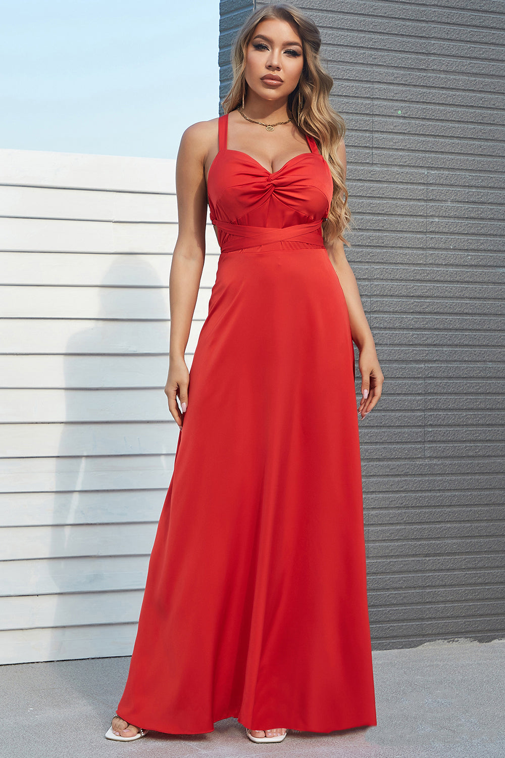 A Line Spaghetti Straps Red Long Prom Dress with Criss Cross Back