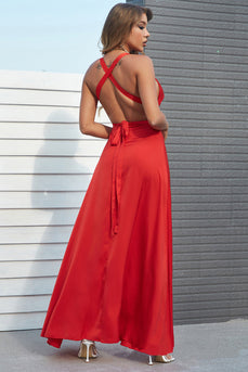 A Line Spaghetti Straps Red Long Prom Dress with Criss Cross Back