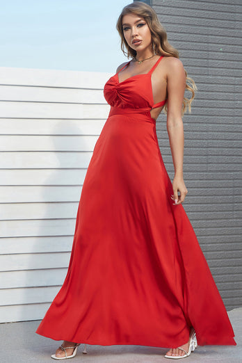 A Line Spaghetti Straps Red Long Prom Dress with Criss Cross Back