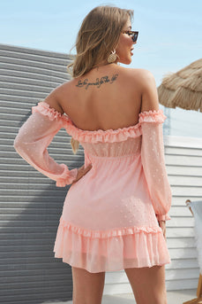 Off the Shoulder Blush Summer Dress with Jacquard Wood Ear