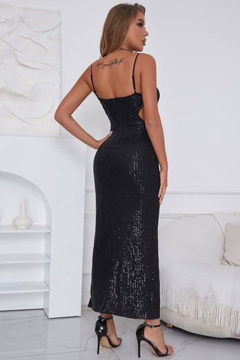 Spaghetti Straps Black Sequins Prom Dress with Slit