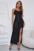 Load image into Gallery viewer, Spaghetti Straps Black Sequins Prom Dress with Slit