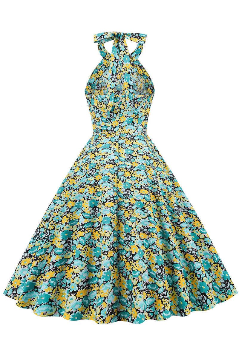 Load image into Gallery viewer, Blue Yellow Flower Halter Pin Up Dress