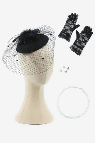 1920s Headpiece Earrings Necklace and Gloves Four Pieces Accessories Sets