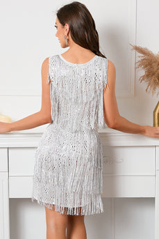 Silver V-Neck Short Graduation Dress with Fringes