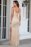 Champagne Spaghetti Straps Prom Dress with Slit