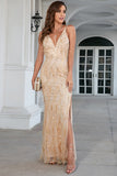 Champagne Spaghetti Straps Prom Dress with Slit