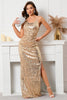 Load image into Gallery viewer, Golden Sequined Mermaid Spaghetti Straps Evening Dress