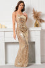 Load image into Gallery viewer, Golden Sequined Mermaid Spaghetti Straps Evening Dress