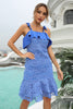 Load image into Gallery viewer, Sheath Spaghetti Straps Blue Lace Dress with Ruffles