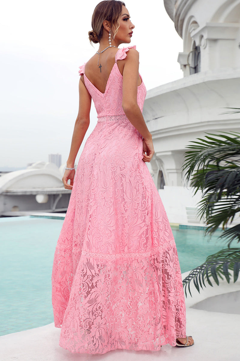 Load image into Gallery viewer, Pink Lace Long Wedding Guest Dress