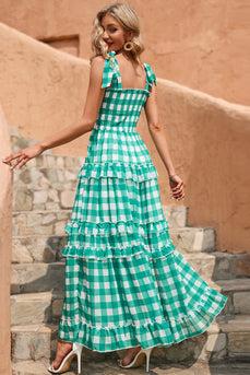 Green Plaid Boho Maxi Summer Dress