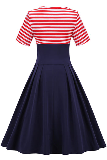 Navy and Red Stripes Vintage 1950s Dress