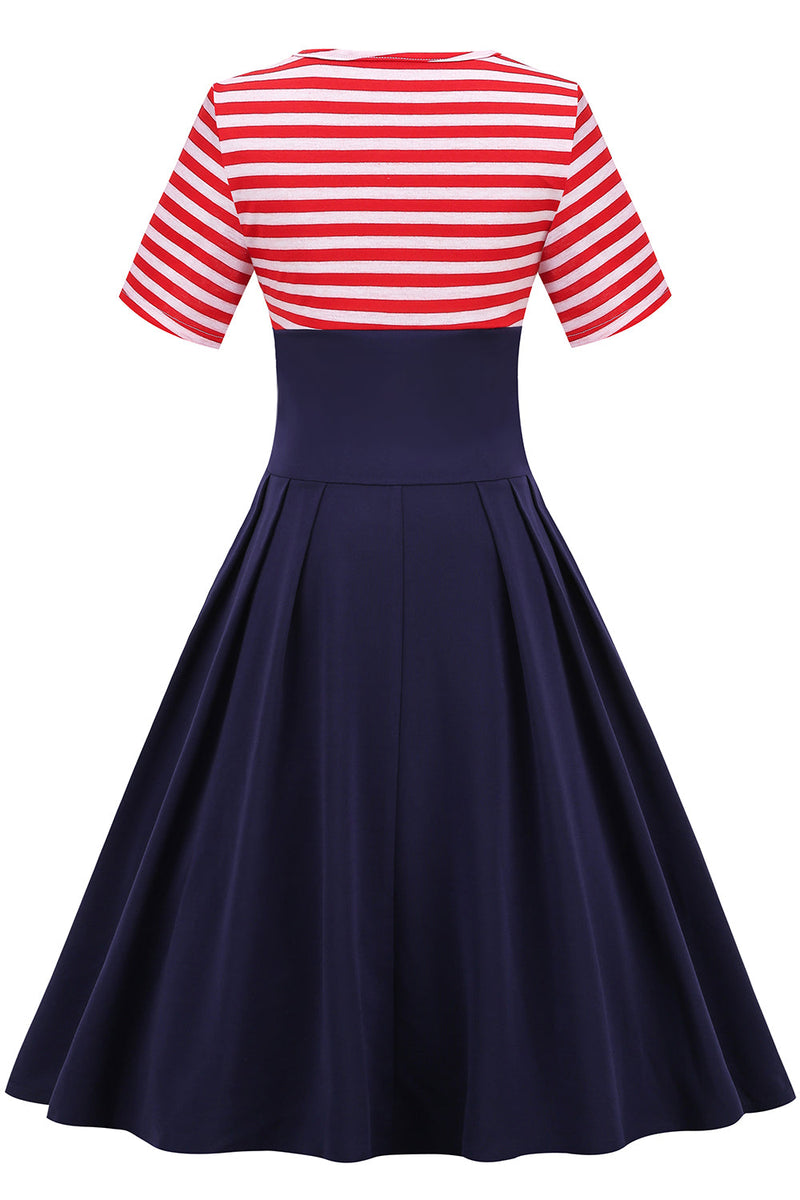 Load image into Gallery viewer, Navy and Red Stripes Vintage 1950s Dress
