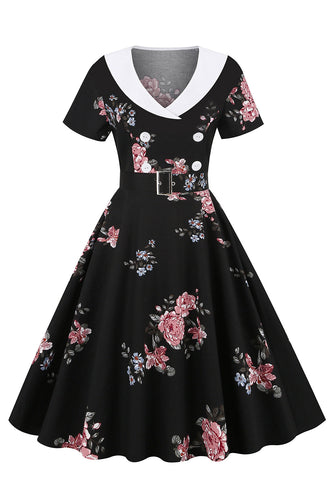 Black Floral Printed Vintage Dress With Belt