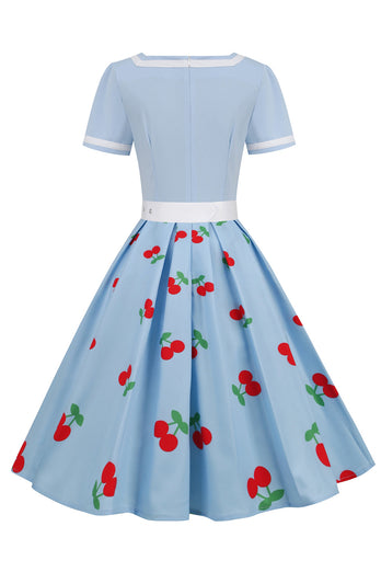 Blue Cherry Printed Vintage 1950s Dress