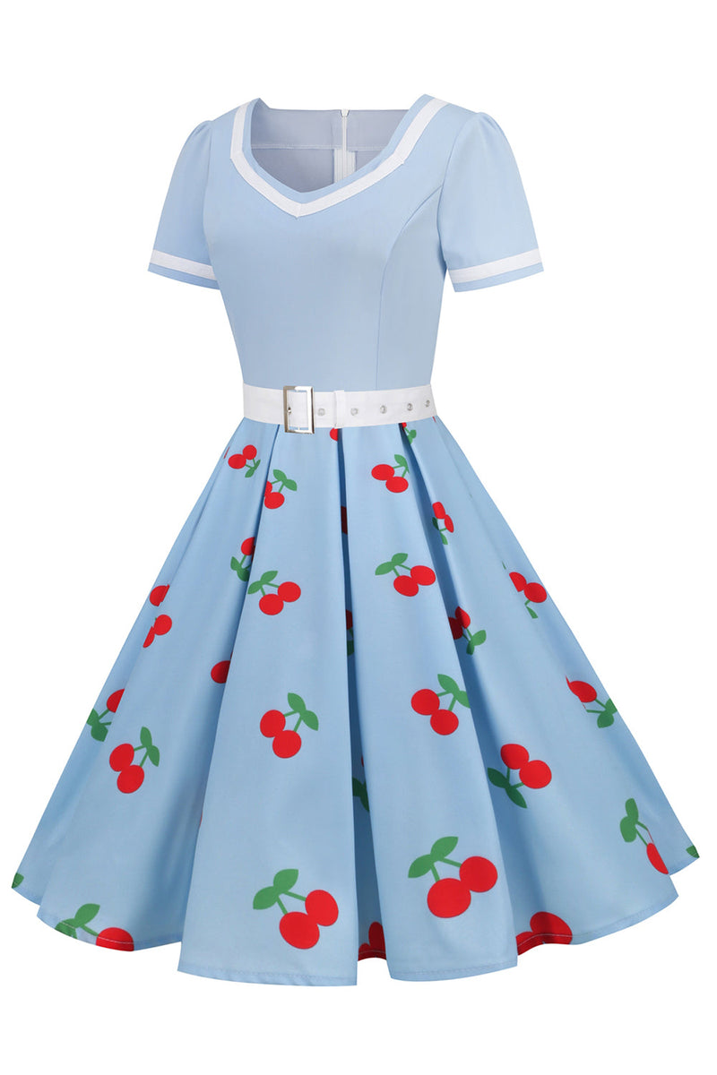 Load image into Gallery viewer, Blue Cherry Printed Vintage 1950s Dress