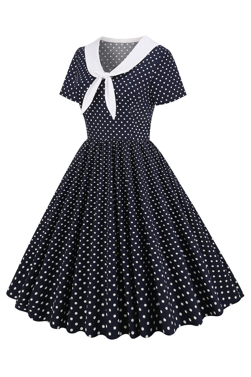 Load image into Gallery viewer, Black and White Polka Dots Vintage 1950s Dress with Bowknot
