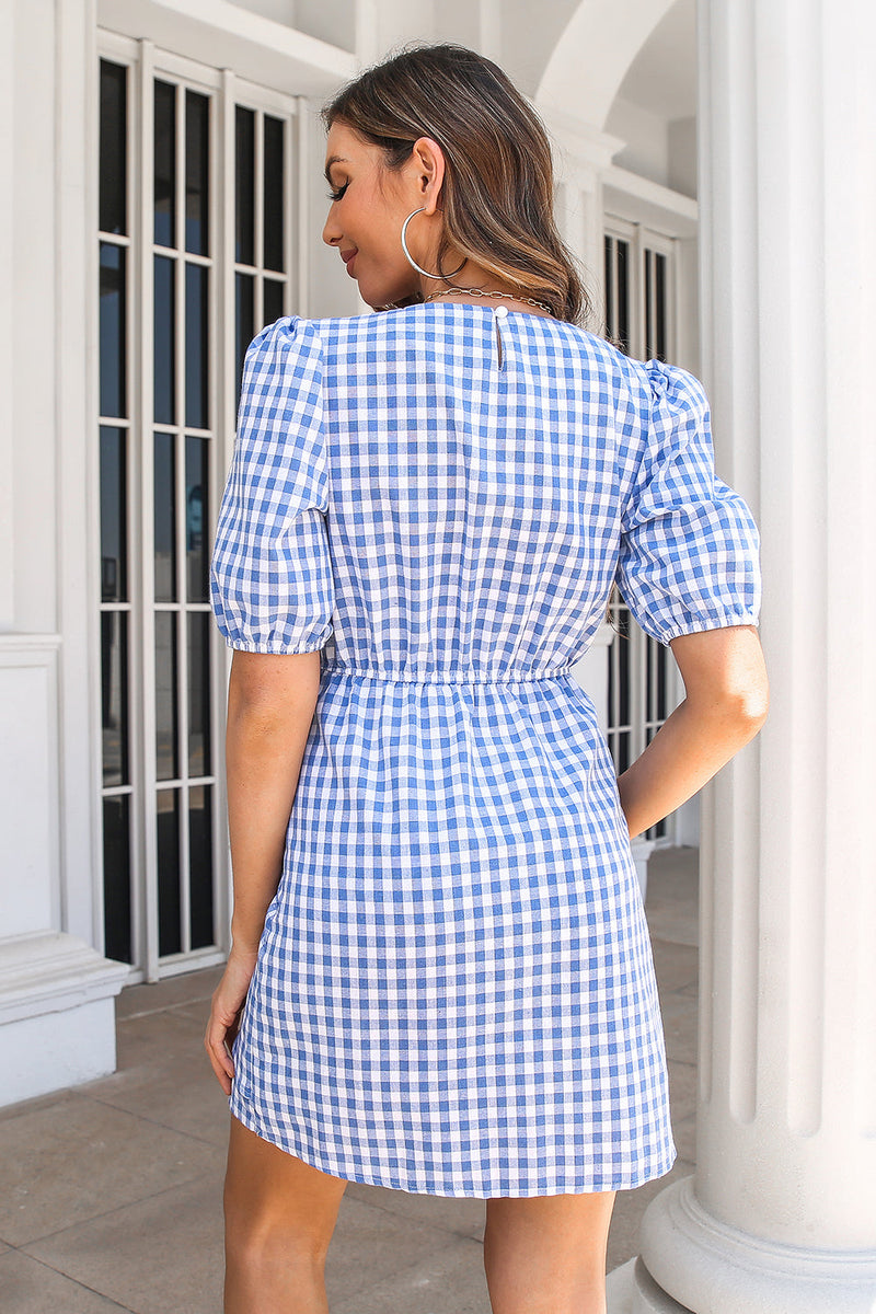 Load image into Gallery viewer, Bue Plaid Summer Dress with Bow