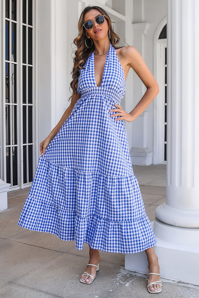 Load image into Gallery viewer, Blue Plaid Boho Maxi Summer Dress