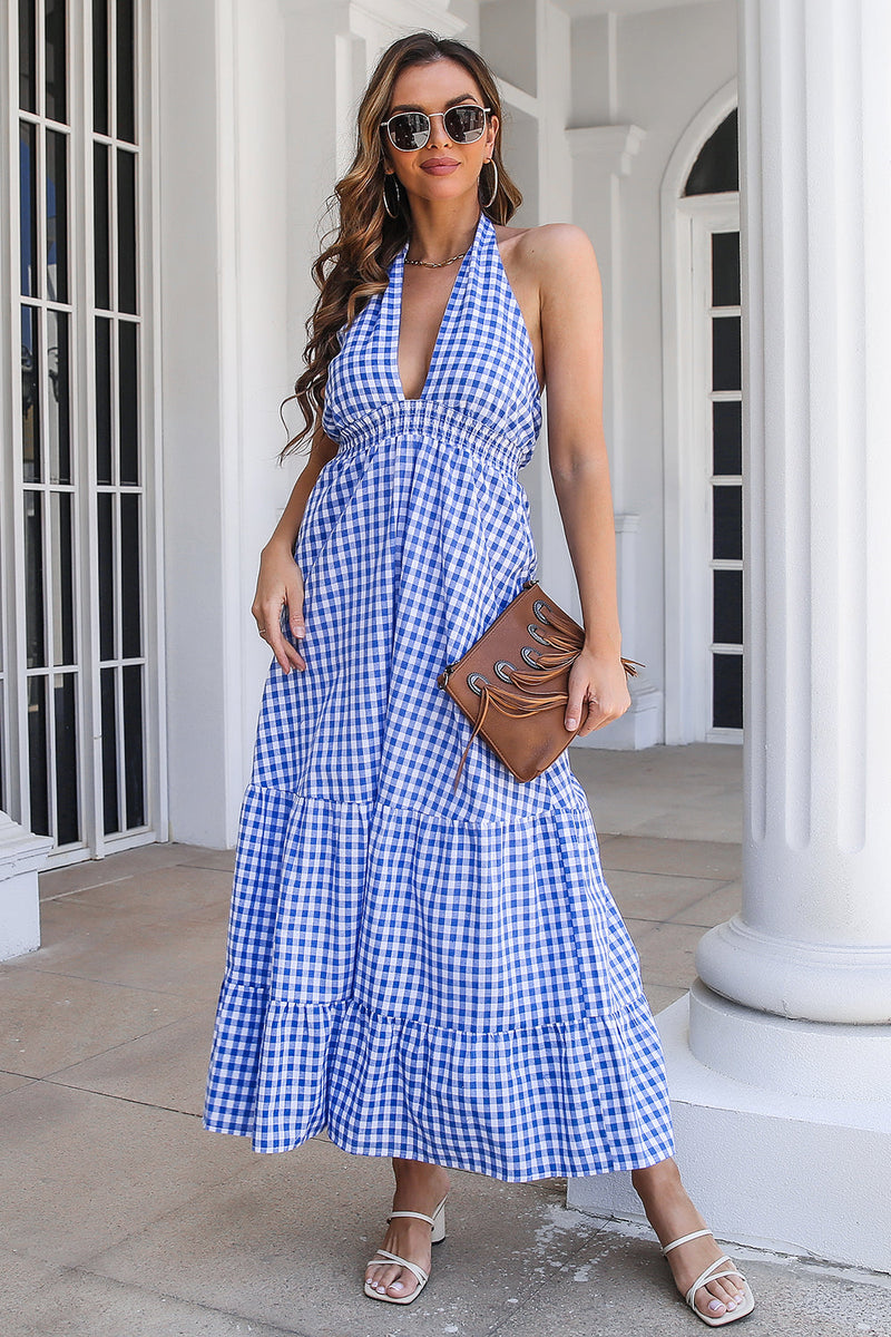 Load image into Gallery viewer, Blue Plaid Boho Maxi Summer Dress