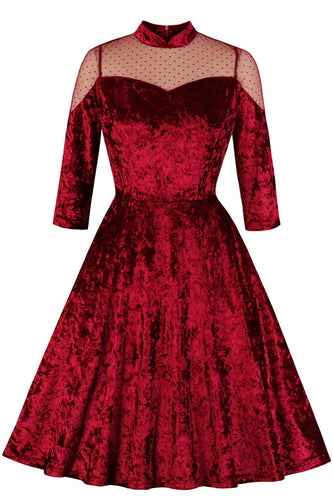 Burgundy Velvet Swing Dress with Long Sleeves