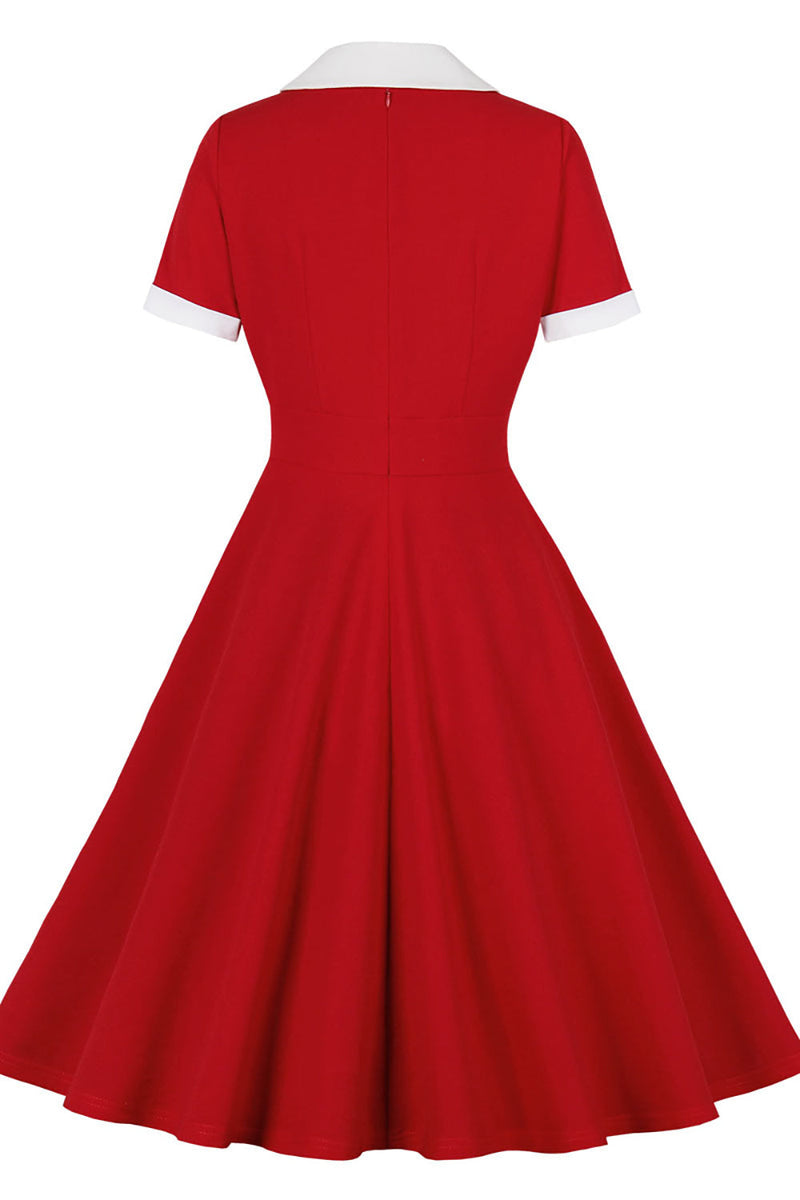 Load image into Gallery viewer, Red Lapel Neck 1950s Swing Dress