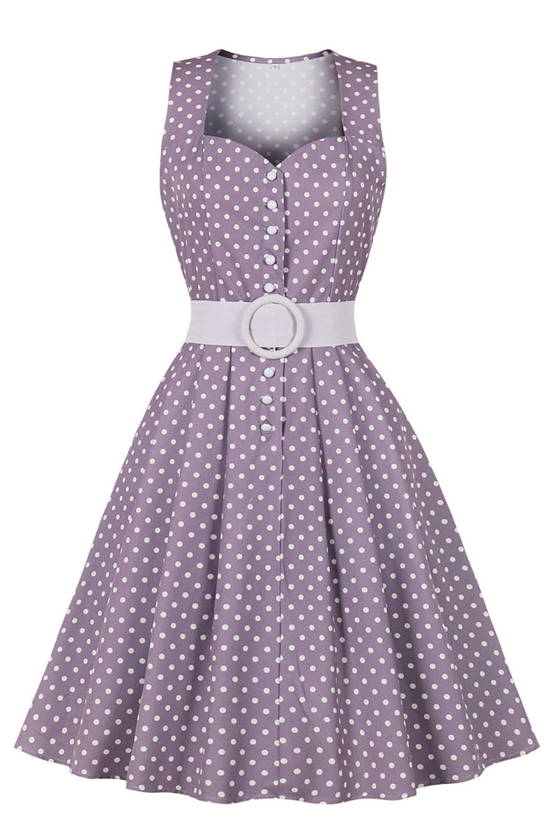 Load image into Gallery viewer, Purple Polka Dots 1950s Dress with Belt