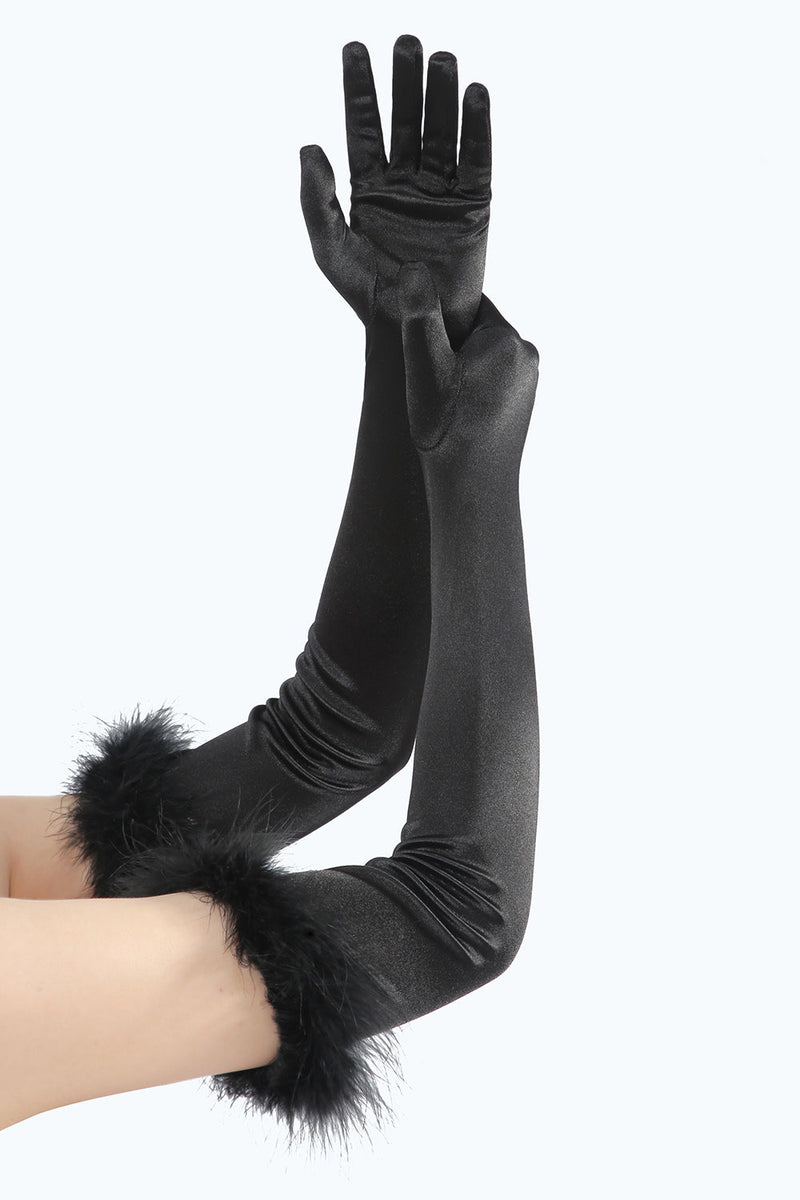 Load image into Gallery viewer, Black Gatsby Party Gloves With Feathers