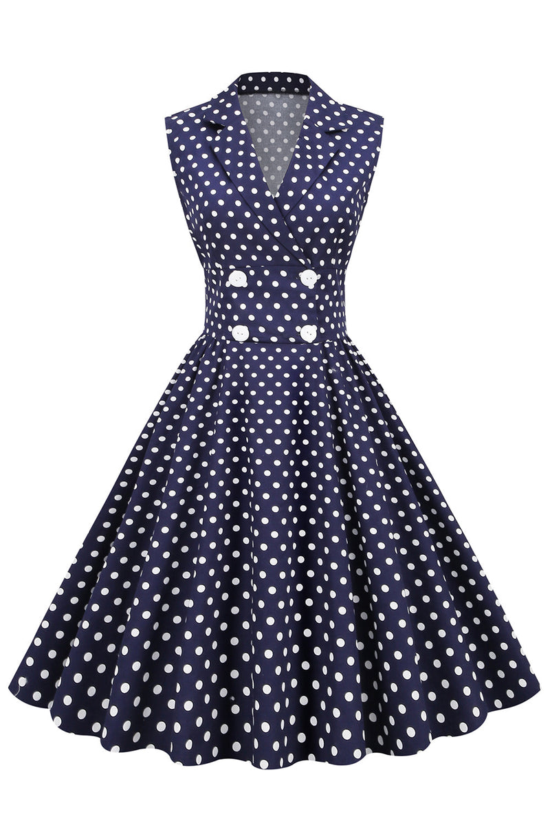 Load image into Gallery viewer, Navy V-Neck Polka Dots 1950s Swing Dress