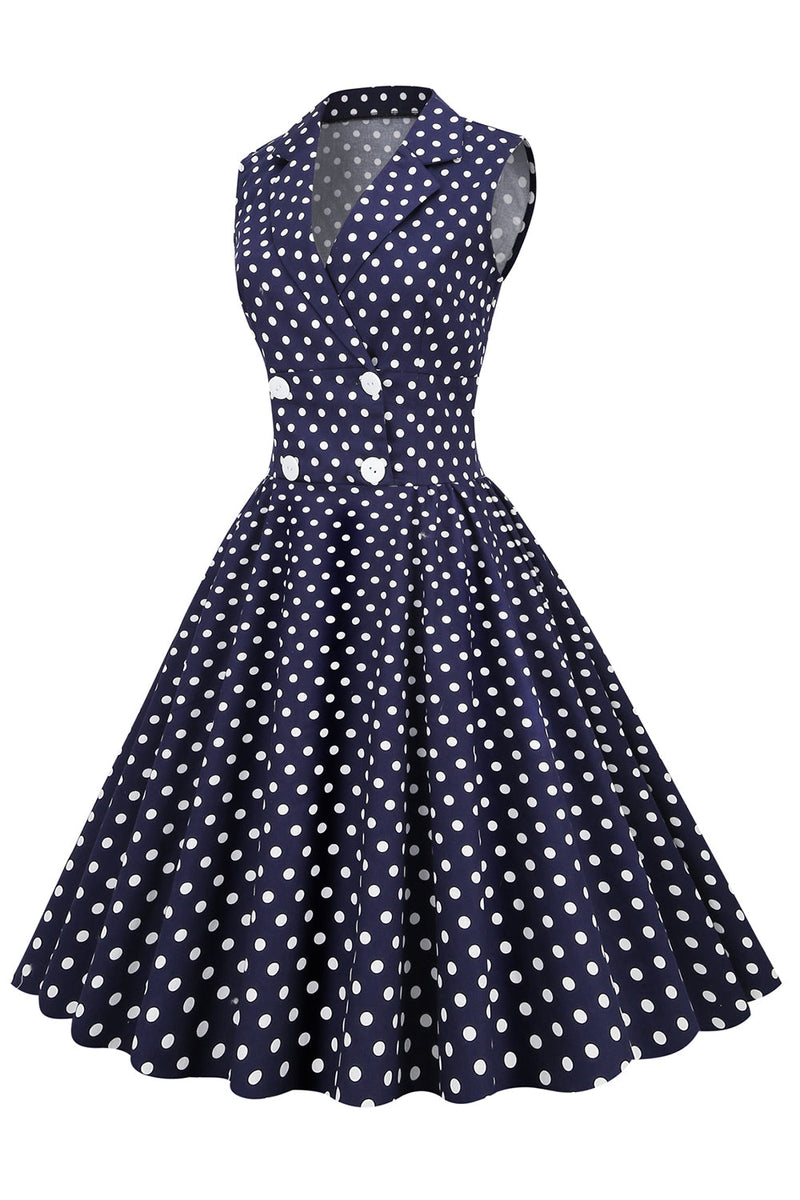 Zapaka Women 1950s Swing Dress Navy V-Neck Polka Dots Vintage Dress ...