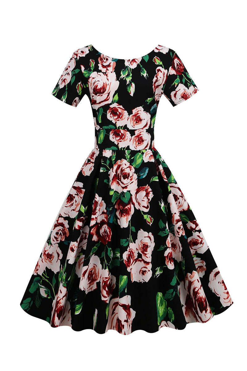 Load image into Gallery viewer, Rose Print Crew Neck Vintage Dress