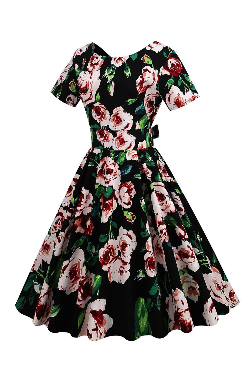 Load image into Gallery viewer, Rose Print Crew Neck Vintage Dress