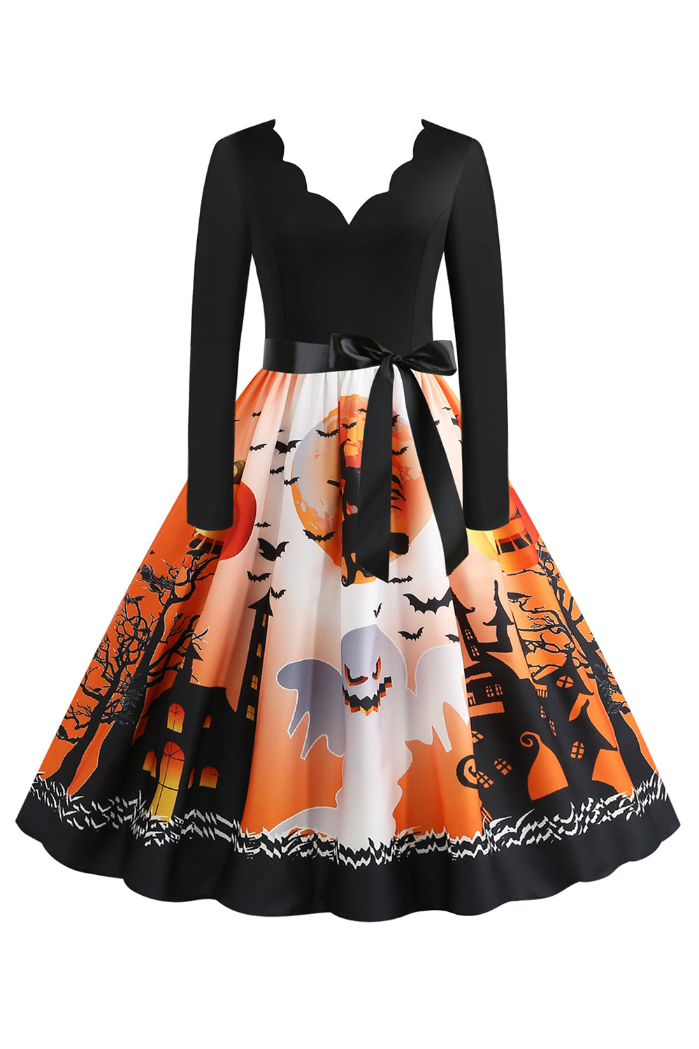 V-Neck Printed Halloween Dress with Belt