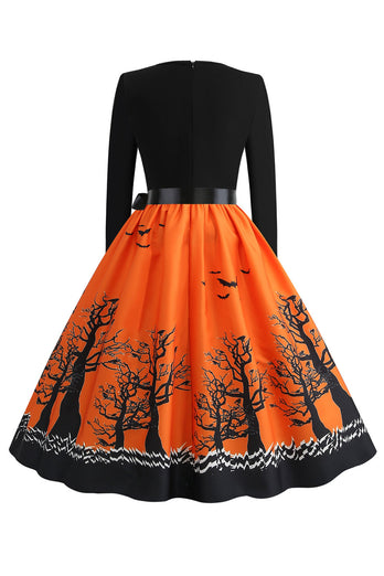 V-Neck Printed Halloween Dress with Belt