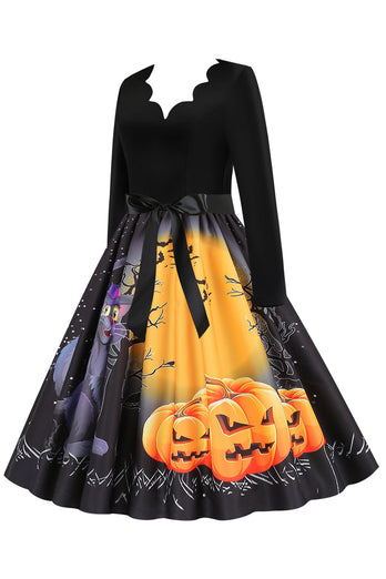 V-Neck Long Sleeve Jack-o-lantern Print Halloween Retro Dress