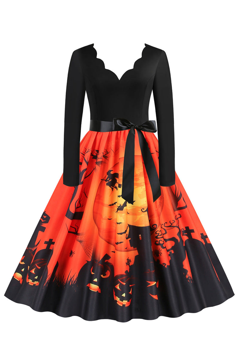 Load image into Gallery viewer, V-Neck Long Sleeve Jack-o-lantern Print Halloween Retro Dress