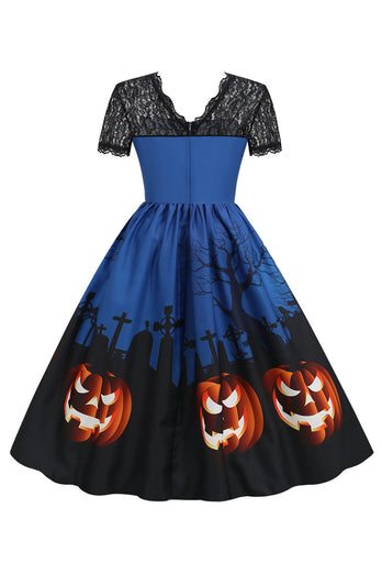 Lace Short Sleeve Print Halloween Retro Dress