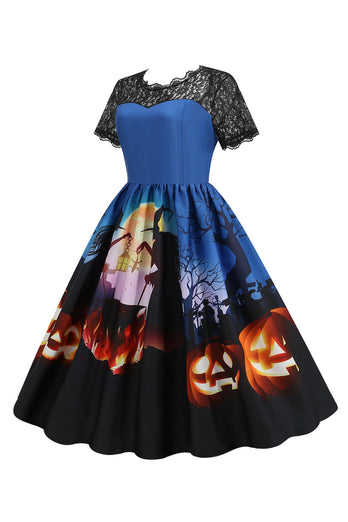 Lace Short Sleeve Print Halloween Retro Dress