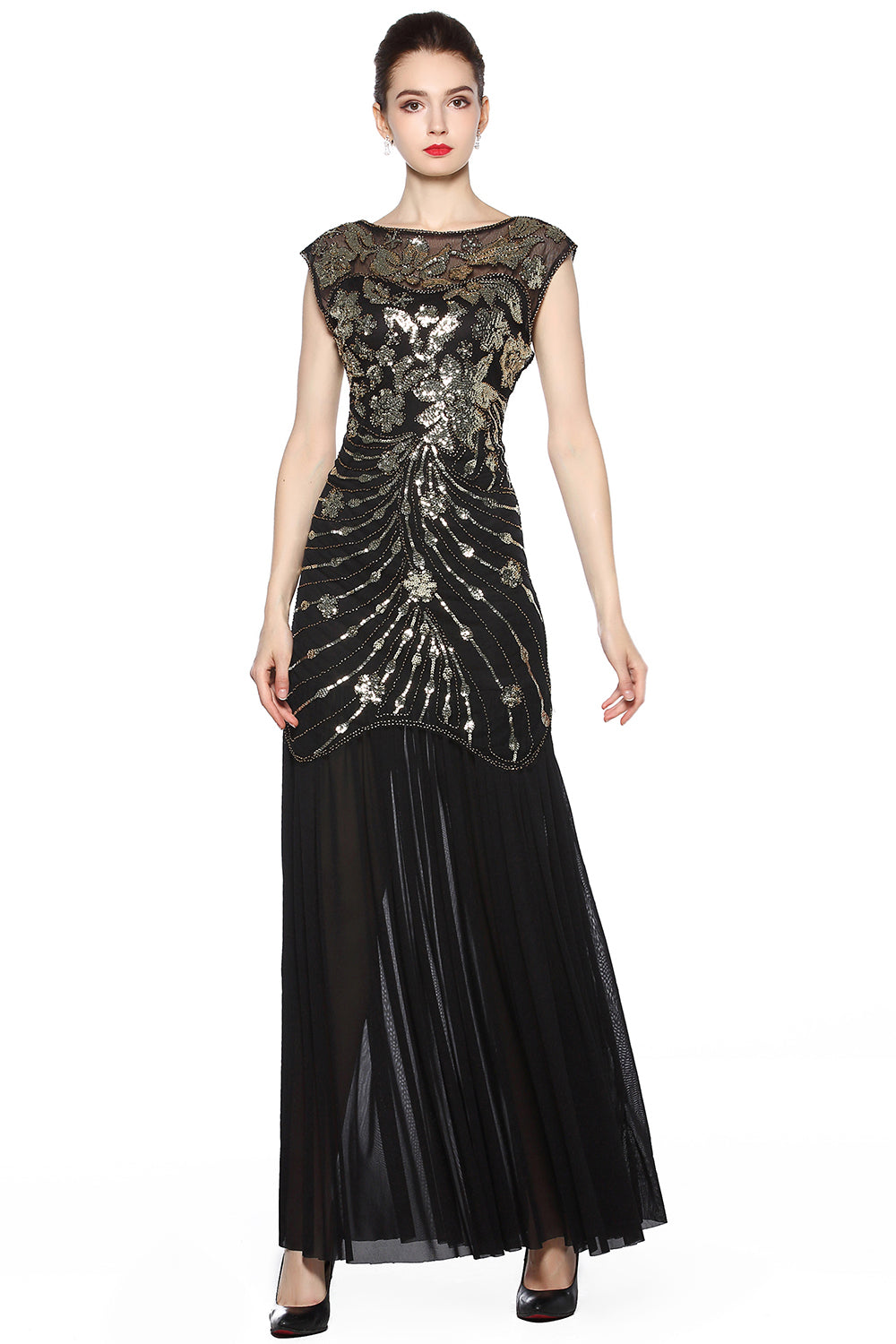 Black Sequin Long 1920s Dress