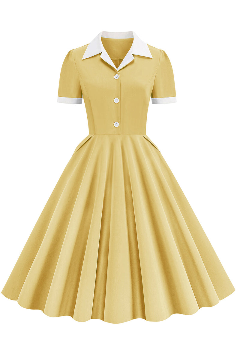 Load image into Gallery viewer, V Neck Yellow Vintage Dress with Button