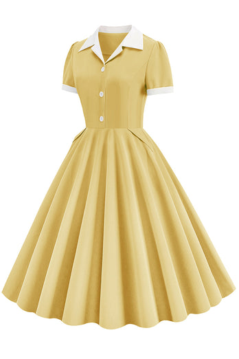 V Neck Yellow Vintage Dress with Button