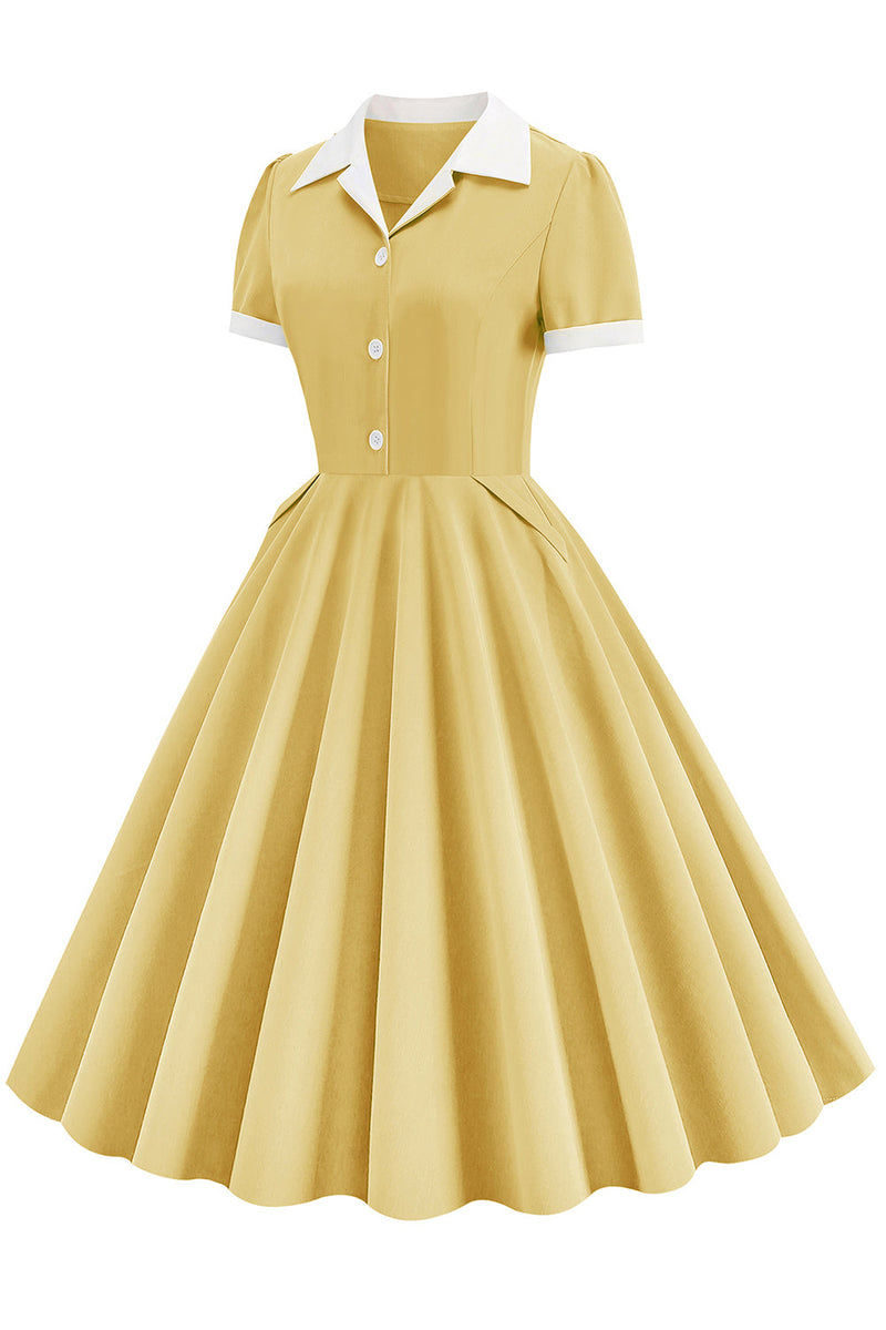 Load image into Gallery viewer, V Neck Yellow Vintage Dress with Button